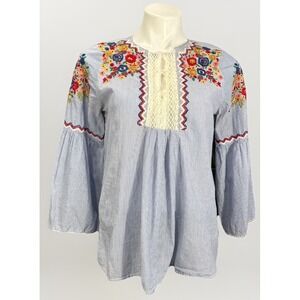 Zara Basic Medium Blue Striped  Floral Embroidered Bell‎ Sleeve Top